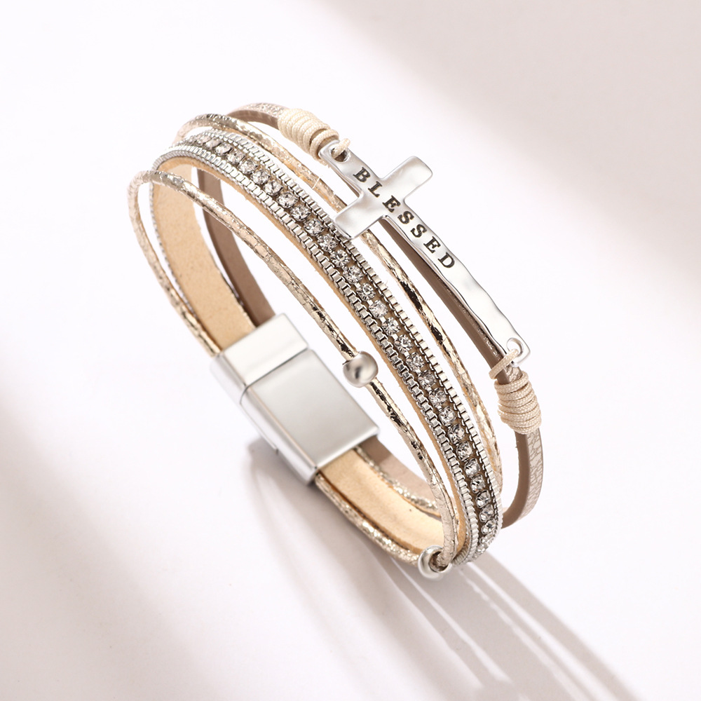 Boho-Chic Cross Rhinestone Magnetic Buckle PU Leather Cuff Bracelet