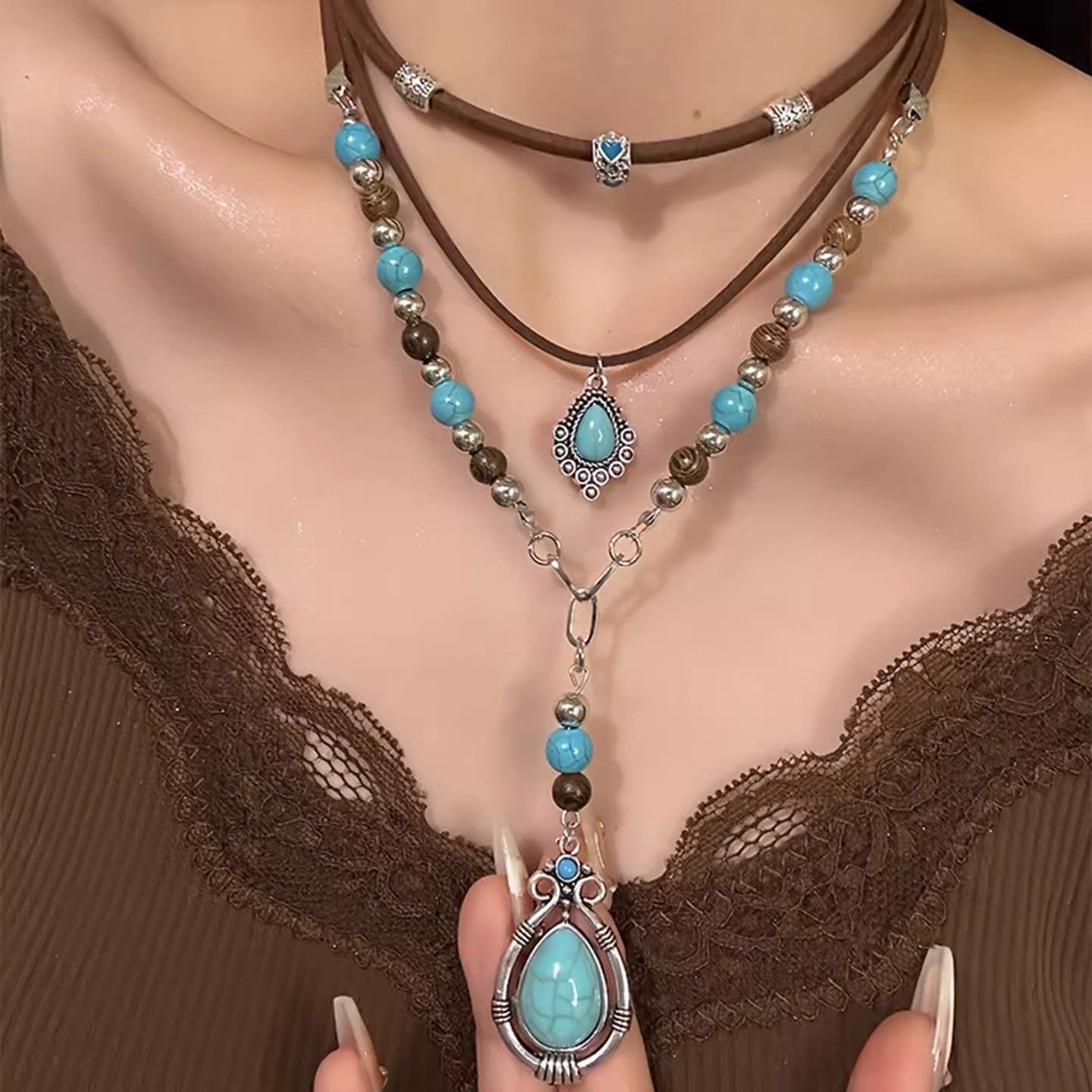 Turquoise & Leather Multi - Layer Pendant Necklace