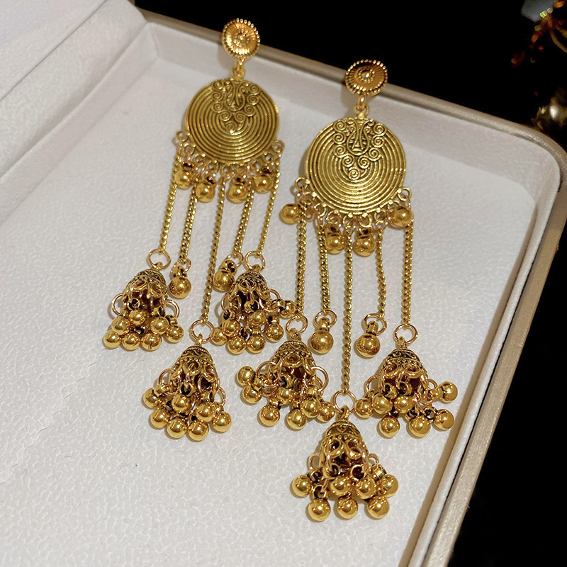Bohemian Engraved Disc Tassel Bell Drop Earrings Gold Tone Festival Jewelry