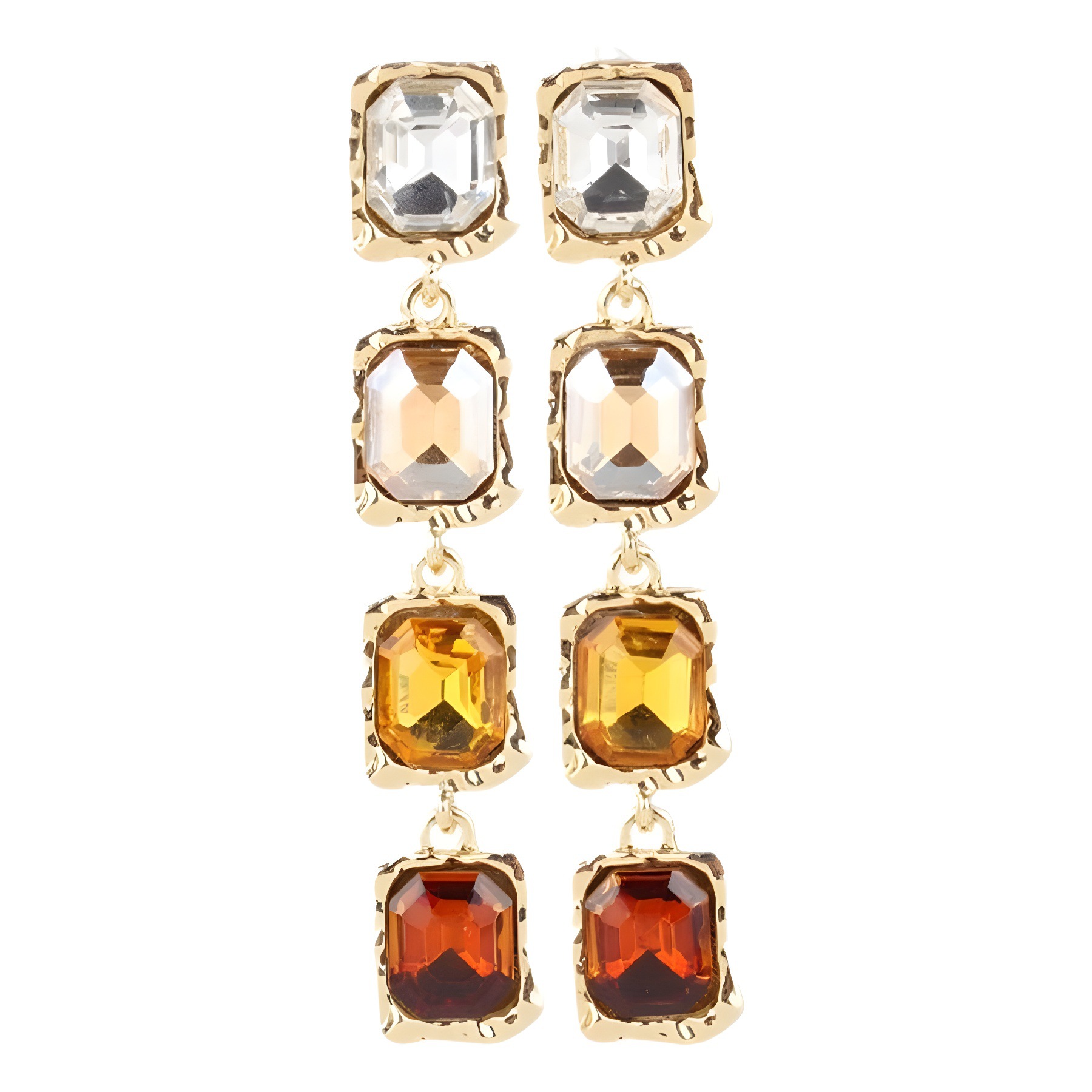 Vintage Multi-Color Square Gem Drop Earrings - Gold-Tone Rhinestone Statement