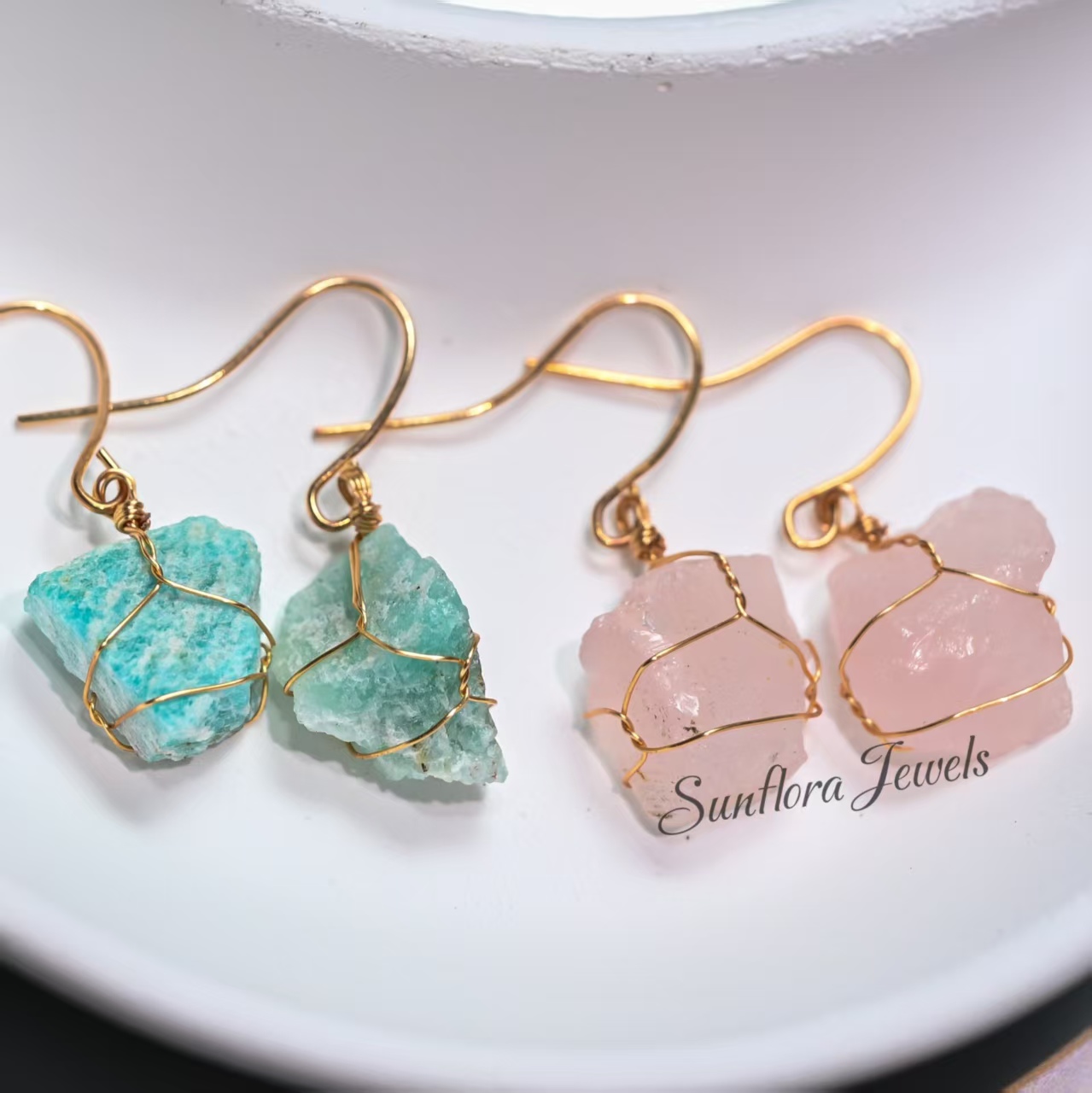 Bohemian Raw Crystal Drop Earrings - Gold Wire-Wrapped Irregular Stone