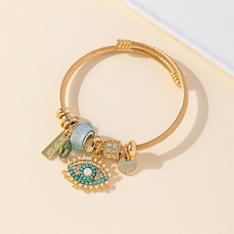 Evil Eye Crystal Pearl Bangle - Gold-Tone Bohemian Charm