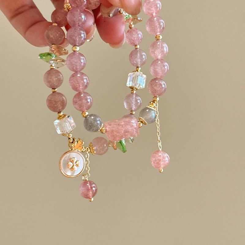 Bohemian Natural Pink Strawberry Quartz Bracelet - Multi-Gem Pendant Healing Jewelry