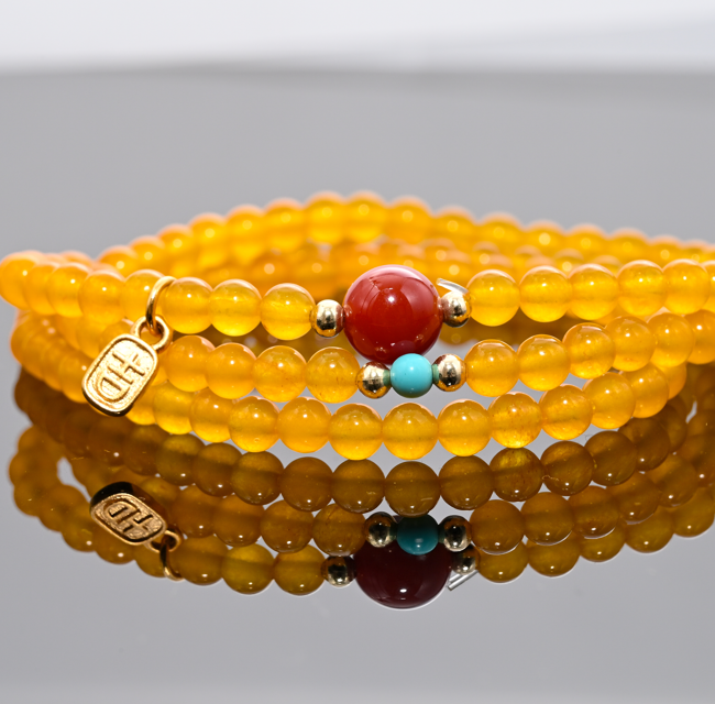Natural Amber Triple-Wrap Bracelet - Dainty with Red Agate & Turquoise Accents