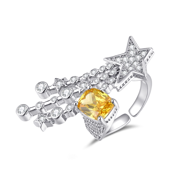 Silver Celestial Star Ring with Yellow Diamond & Diamond-Studded Accents