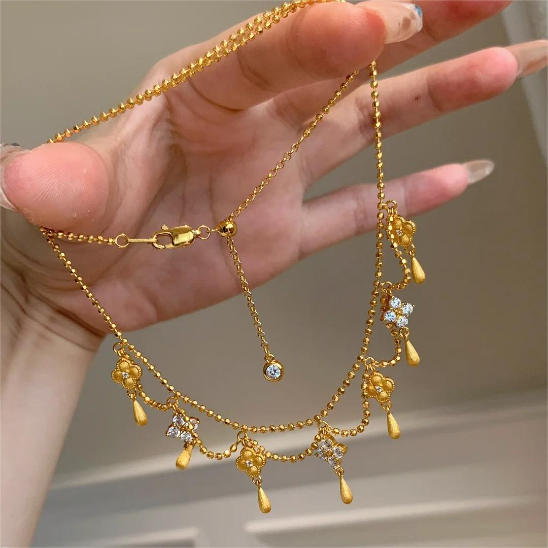 Luxurious Gold-Plated Four-Leaf Clover Sparkling Diamond Necklace
