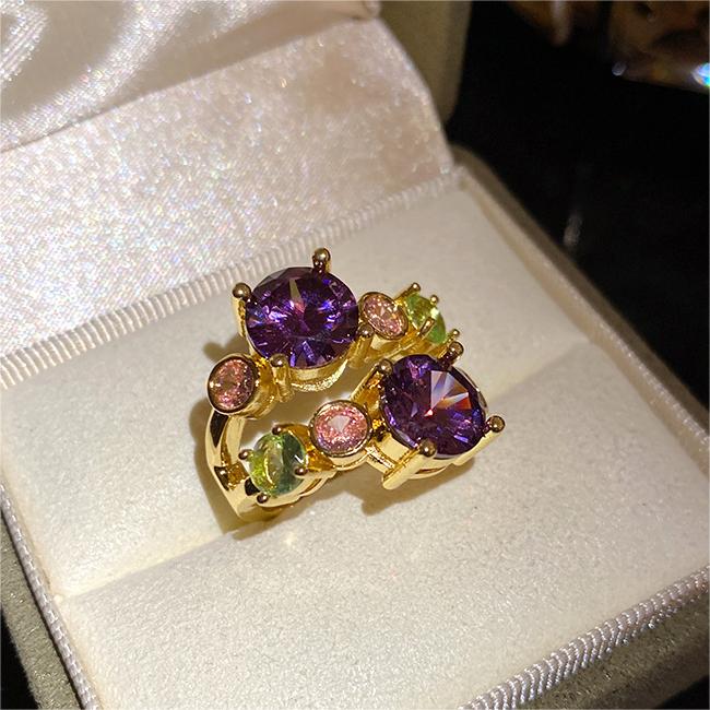 Gorgeous Gold Ring with Purple and Multicolor Crystals