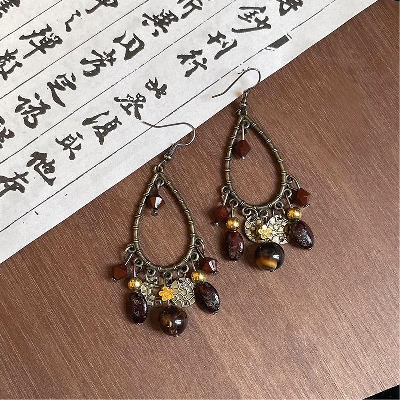 Vintage Boho Teardrop Earrings with Brown Beads