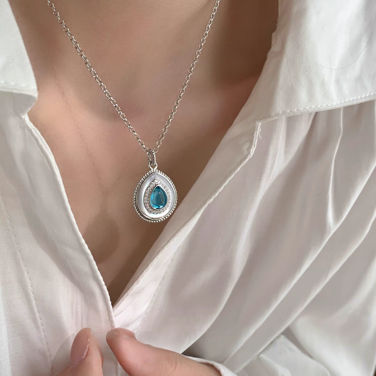 Silver Teardrop Pendant Necklace with Aqua Gemstone & Diamond Halo