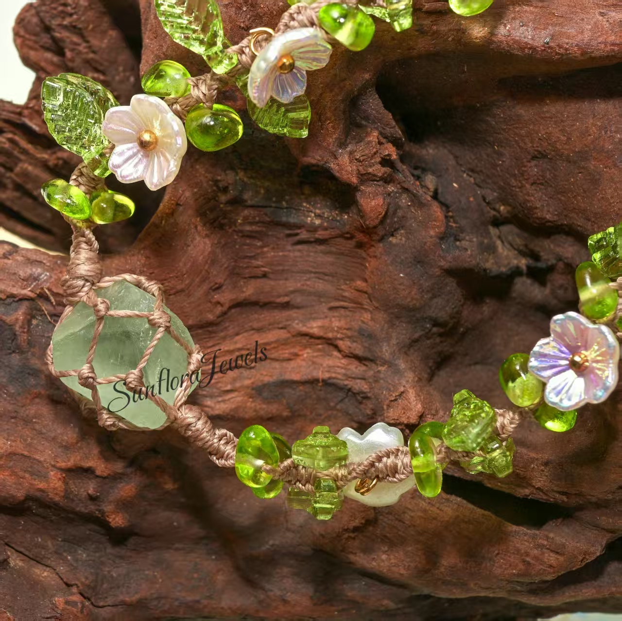 Handcrafted Green Raw Stone Bracelet with Floral Leaf Weave