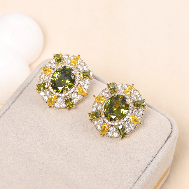 Olive Green Crystal Dopamine Sea Turtle Earrings-Plated 18K Gold