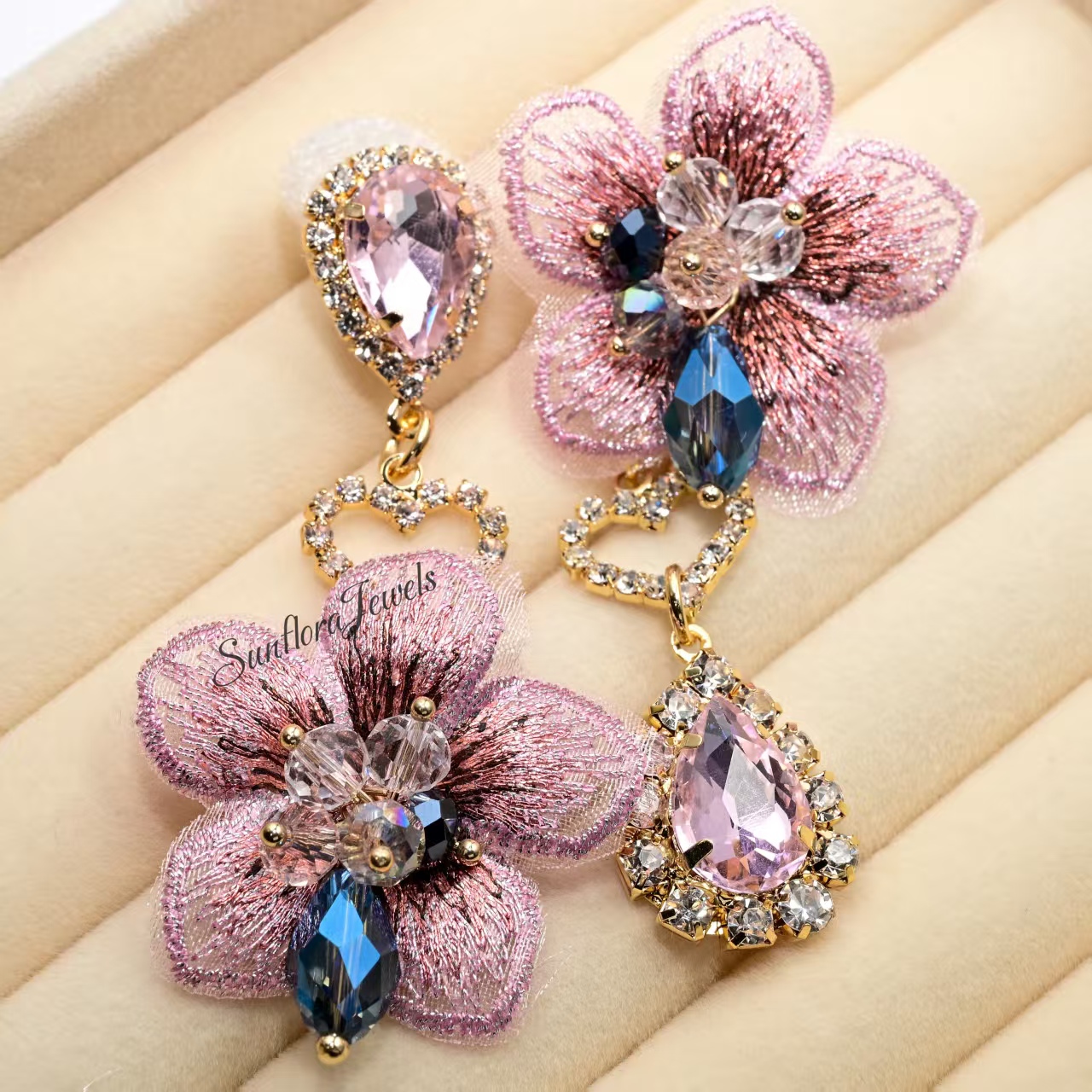 Vintage Red Fabric Flower Earrings - Gemstone Heart Drop Statement