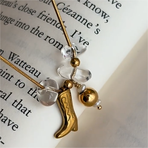 Unique Gold Cowboy Boot Pendant Necklace Featuring Transparent Crystal Accents