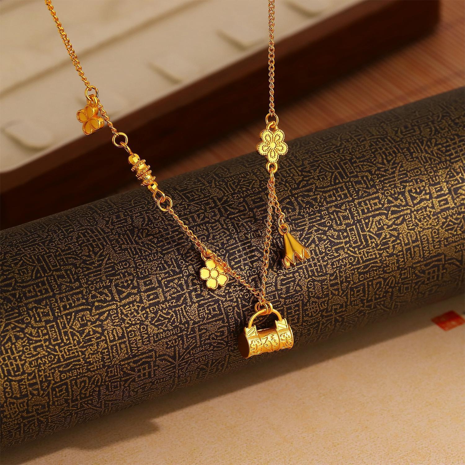 Exquisite Gold Lock Pendant Necklace with Floral and Tassel Accents
