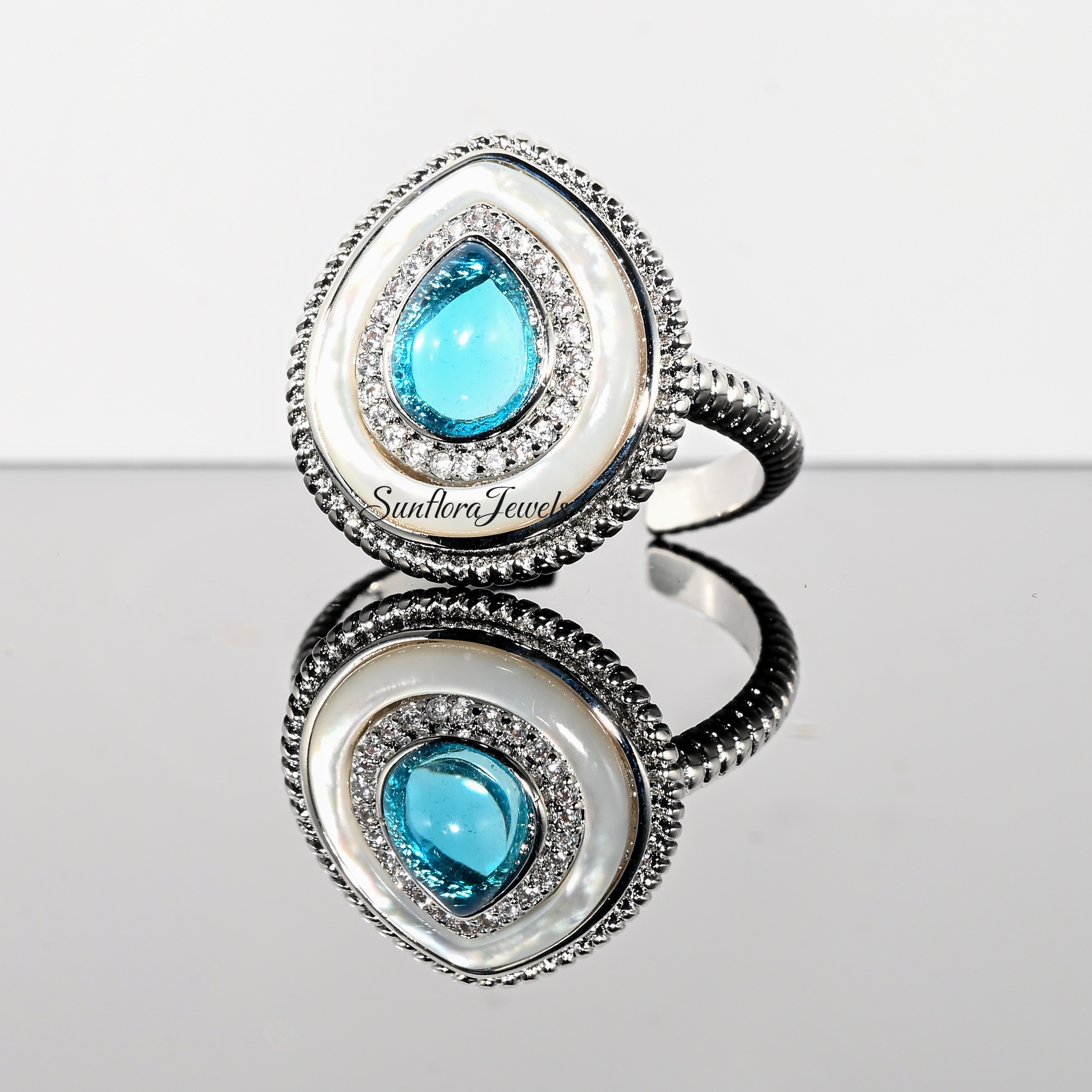 Vintage Teardrop Blue Gem Ring with Pearl Shell & Crystal Accents