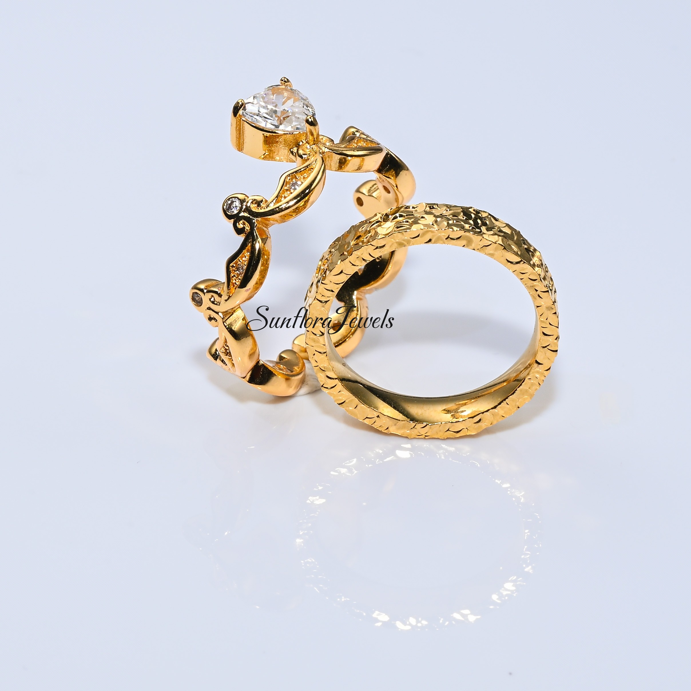 Gold Crown Ring with Heart - Shaped Zircon