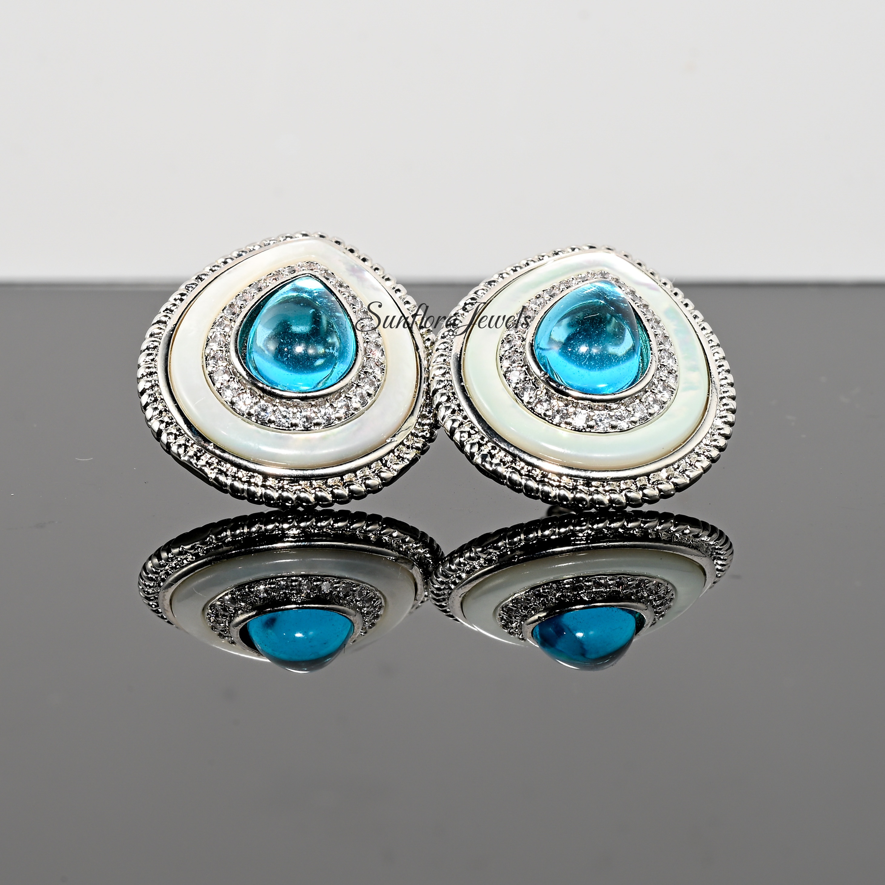Silver-Tone Teardrop Blue Gem Earrings with Pearl & Pavé Crystals