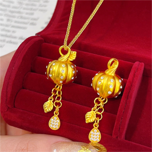 Elegant Gold Pumpkin Necklace with Hanging Leaf and Teardrop Charm