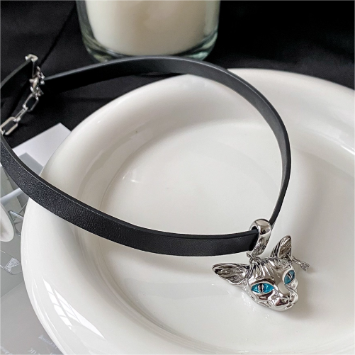 Sphynx Cat Head Pendant Black Leather Choker Necklace