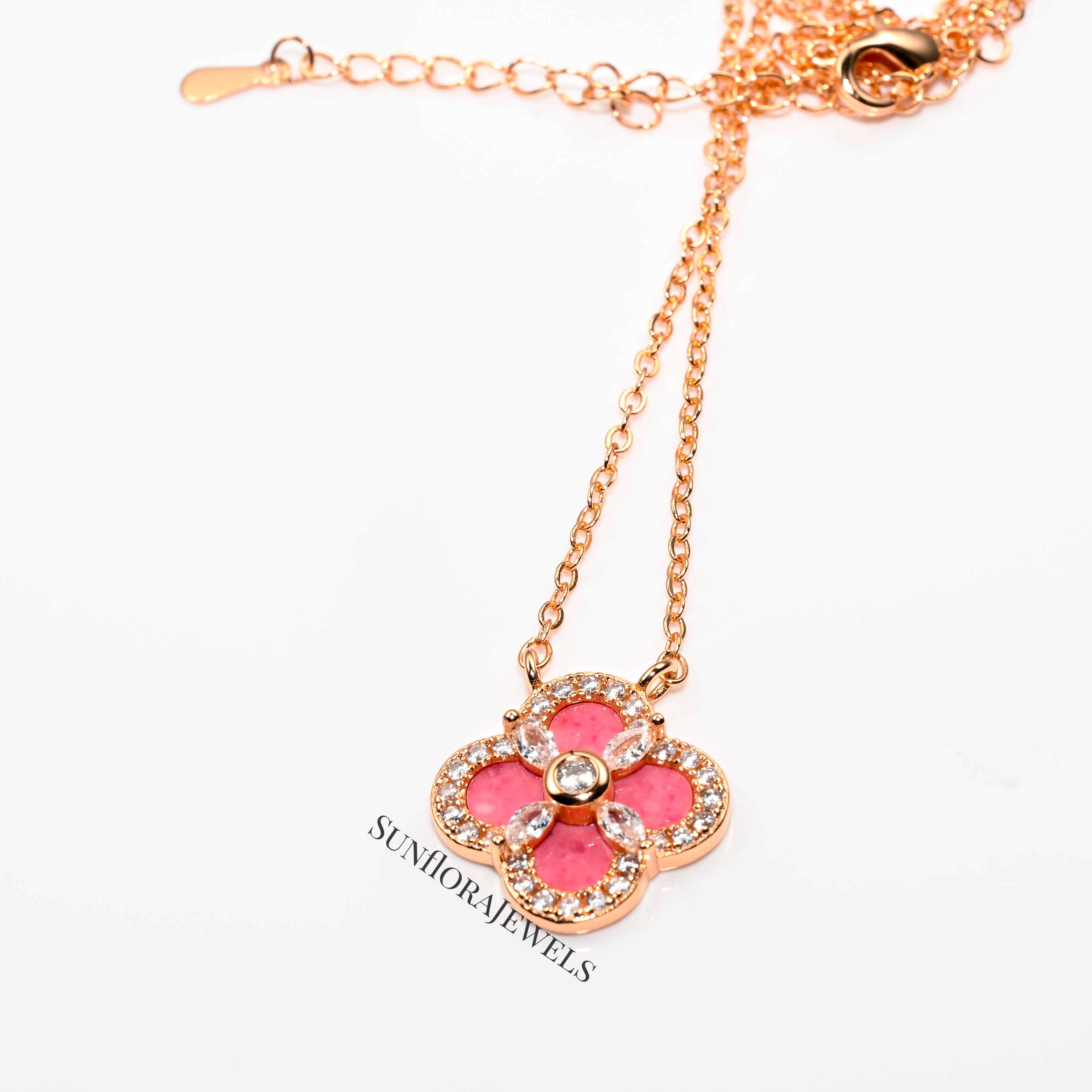Pink Enamel Clover Necklace with Crystals-Dainty Gold Chain Jewelry