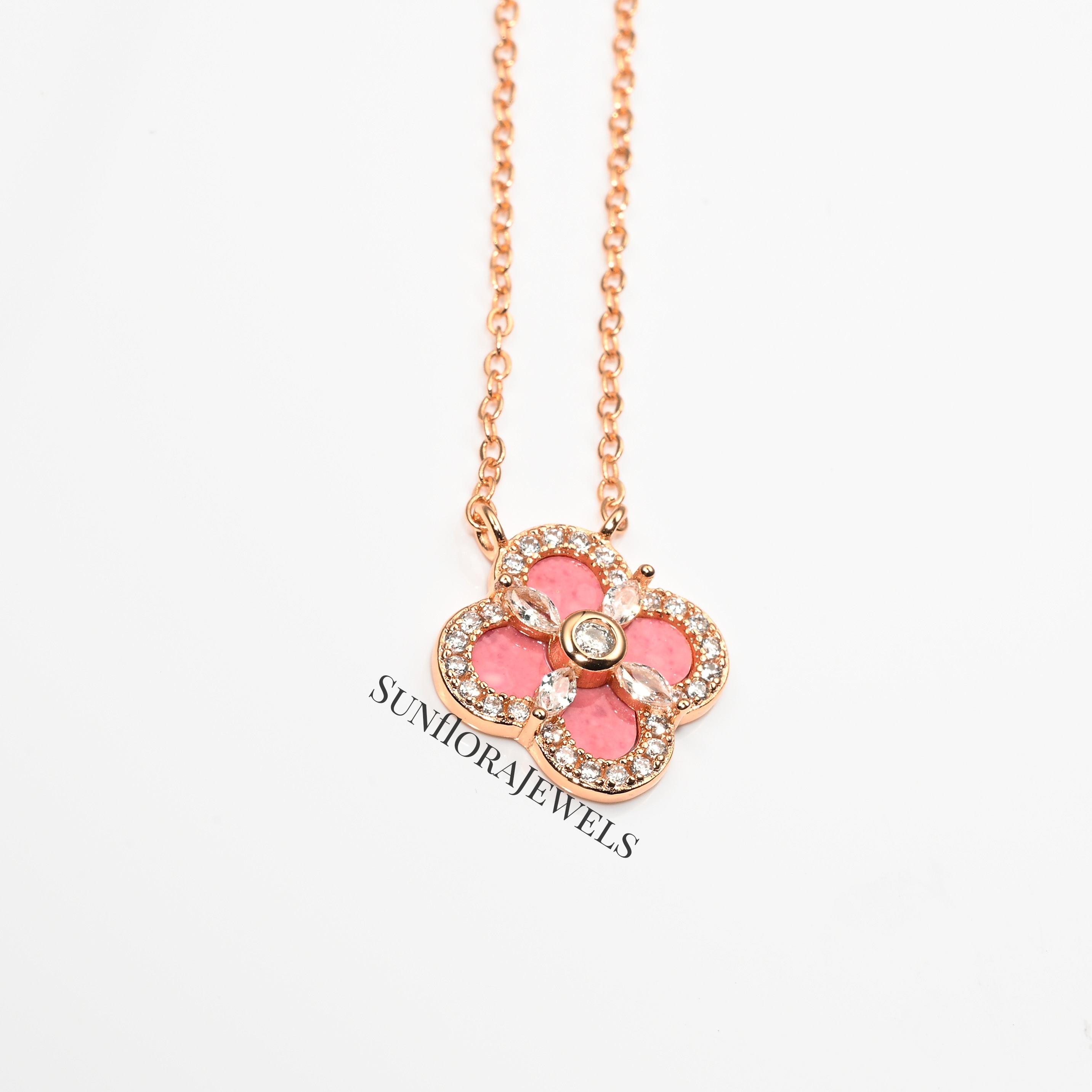 Delicate Pink Clover Pendant Necklace with Rhinestones on Gold Chain