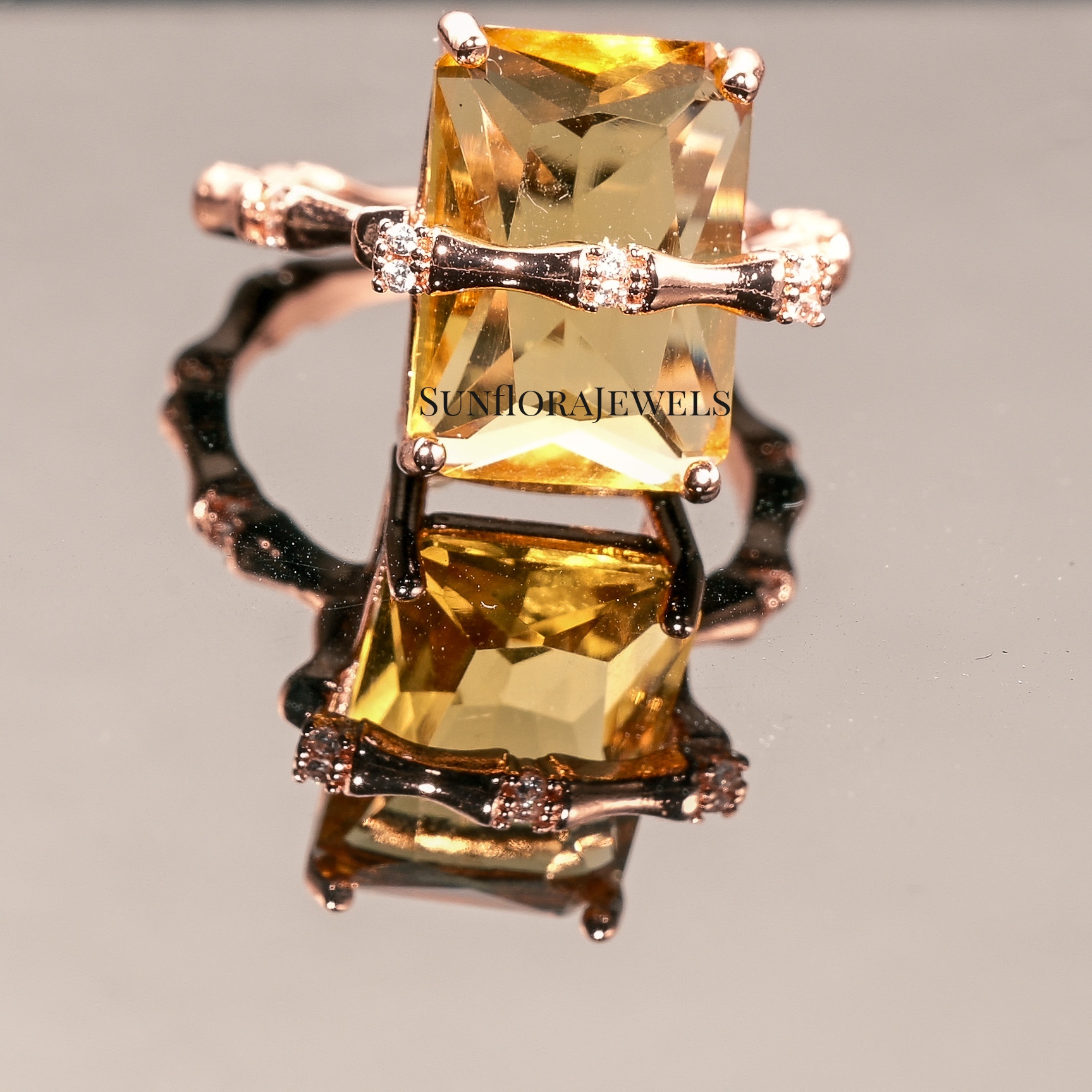 Elegant Bamboo Rose Gold Ring with Rectangular Citrine & Diamond-Like Accents