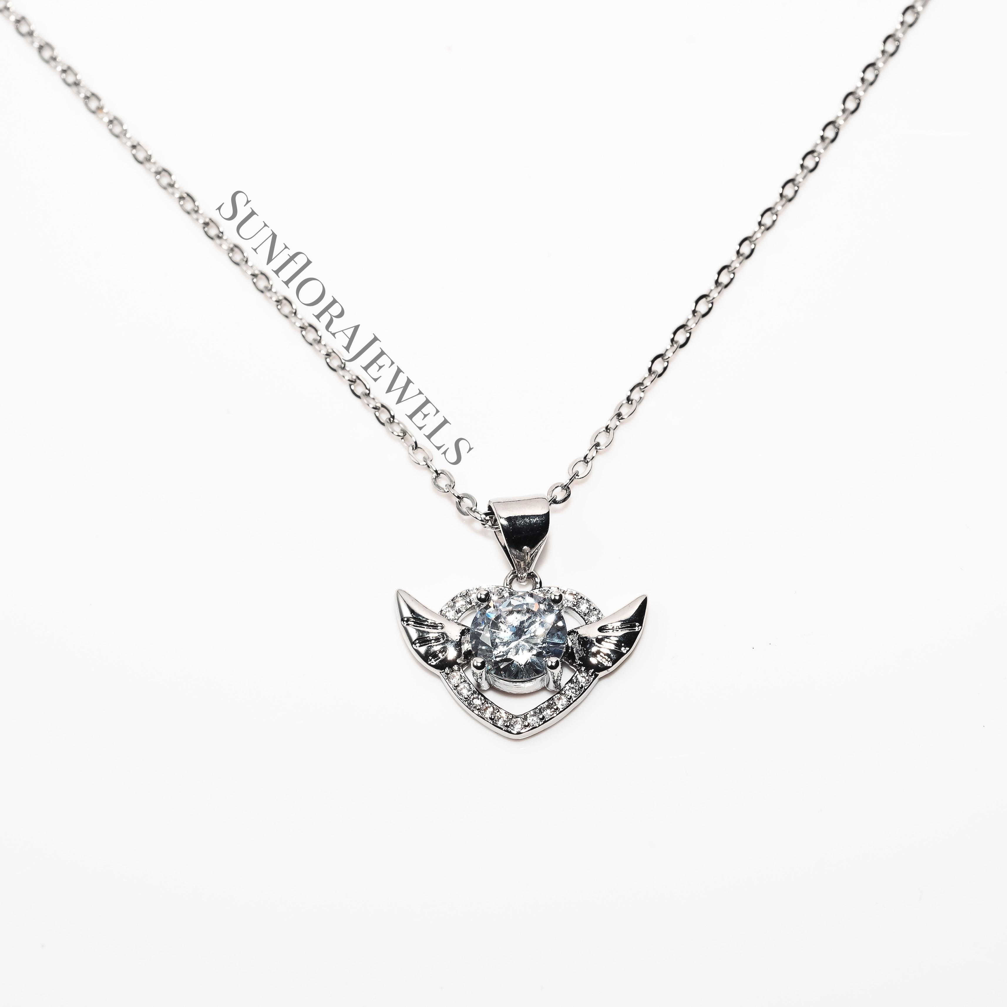 Dainty Silver Wing Necklace with Sparkling Central Crystal & Accents