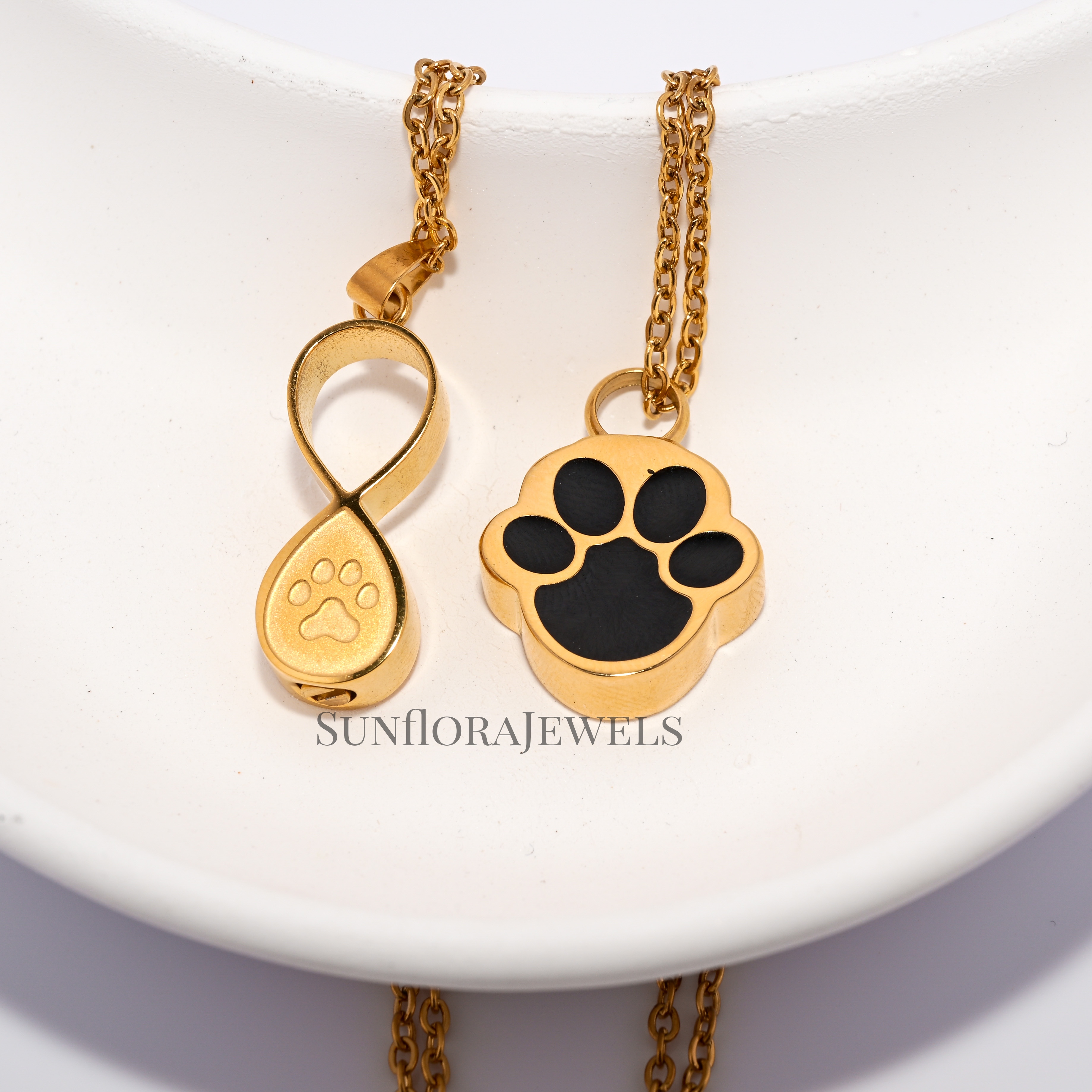 Black Enamel Paw Print Gold Pendant Necklace