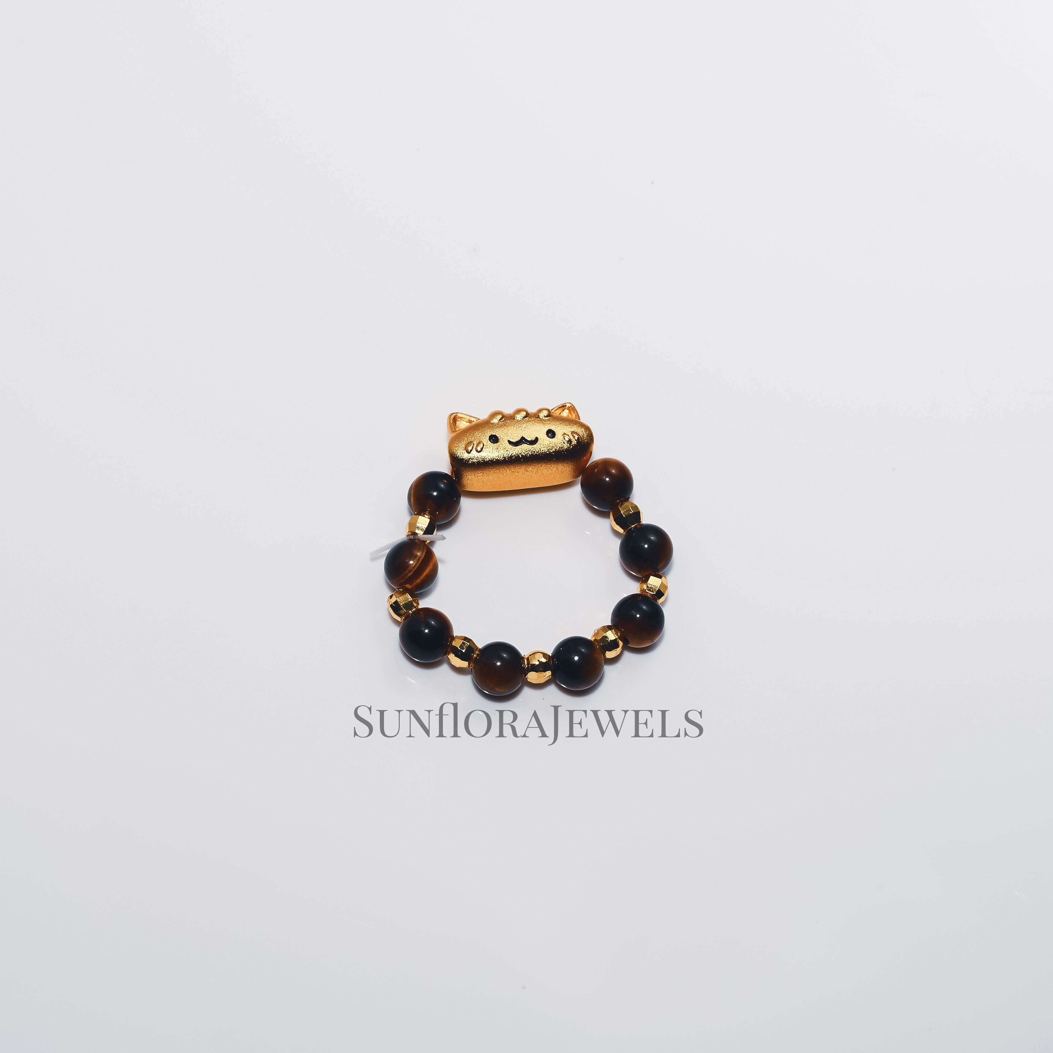 Dainty Tiger’s Eye Bead Ring with 14K Gold Plated Cat Pendant
