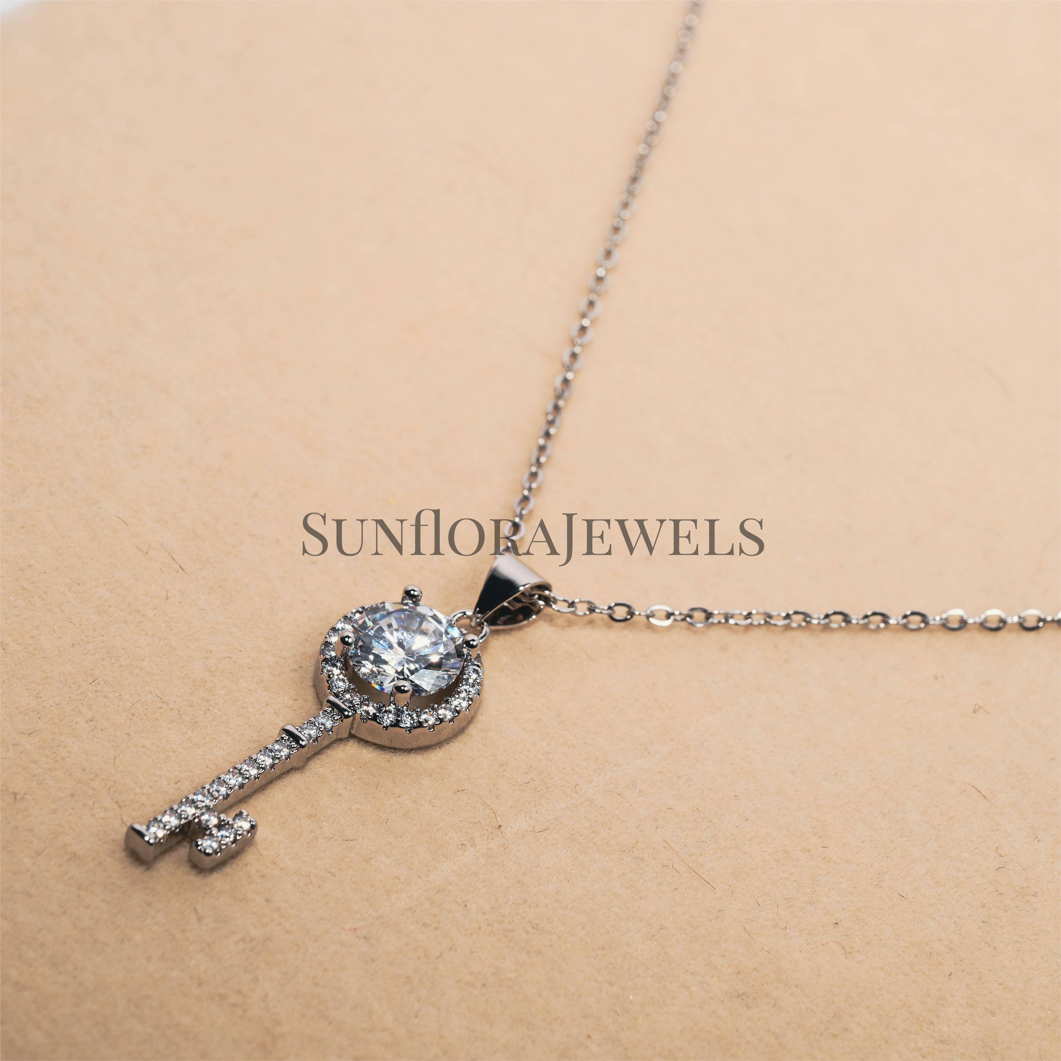 Crystal-Inlaid Key Charm Silver Necklace