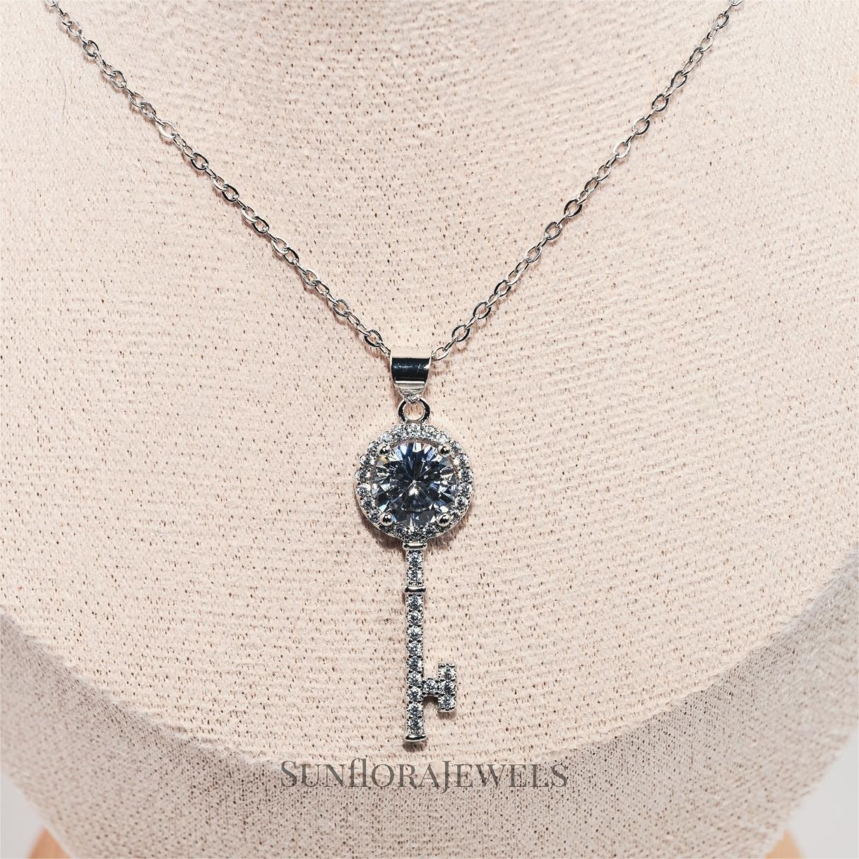 Sparkly Crystal Key Pendant Silver Chain Necklace