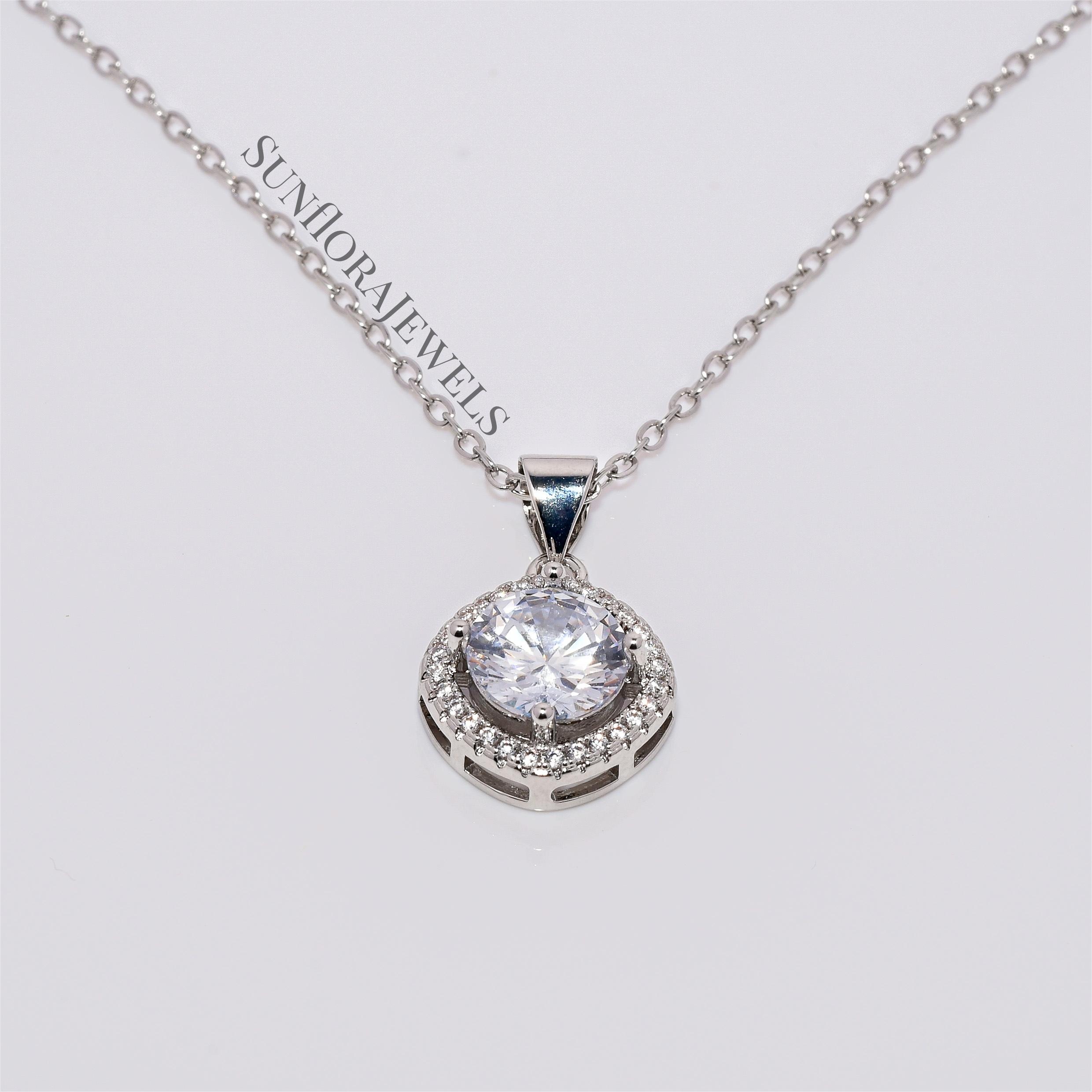 Silver Plated Square Halo Crystal Pendant Necklace for Women
