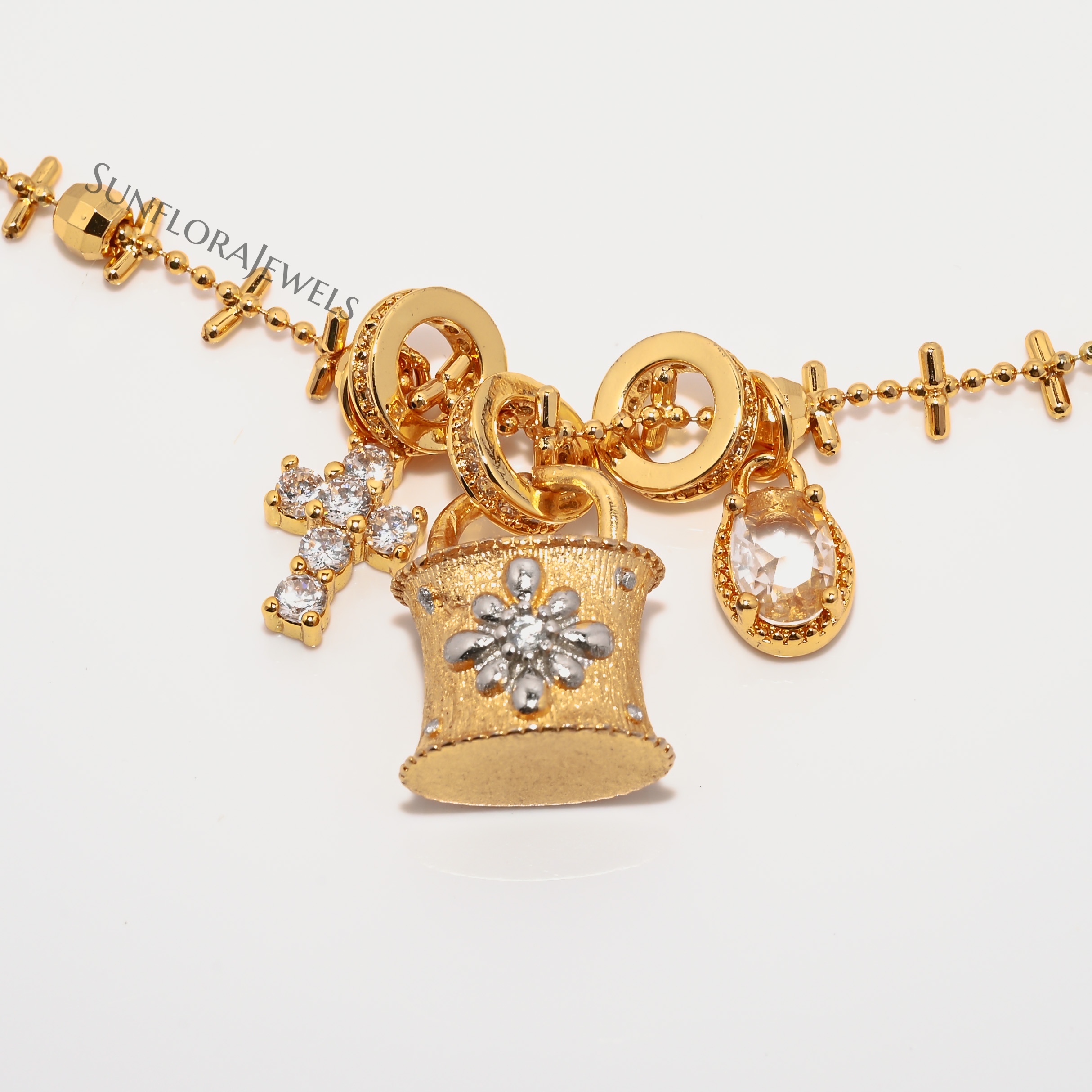 Gold Necklace with Lock and Crystal Charms