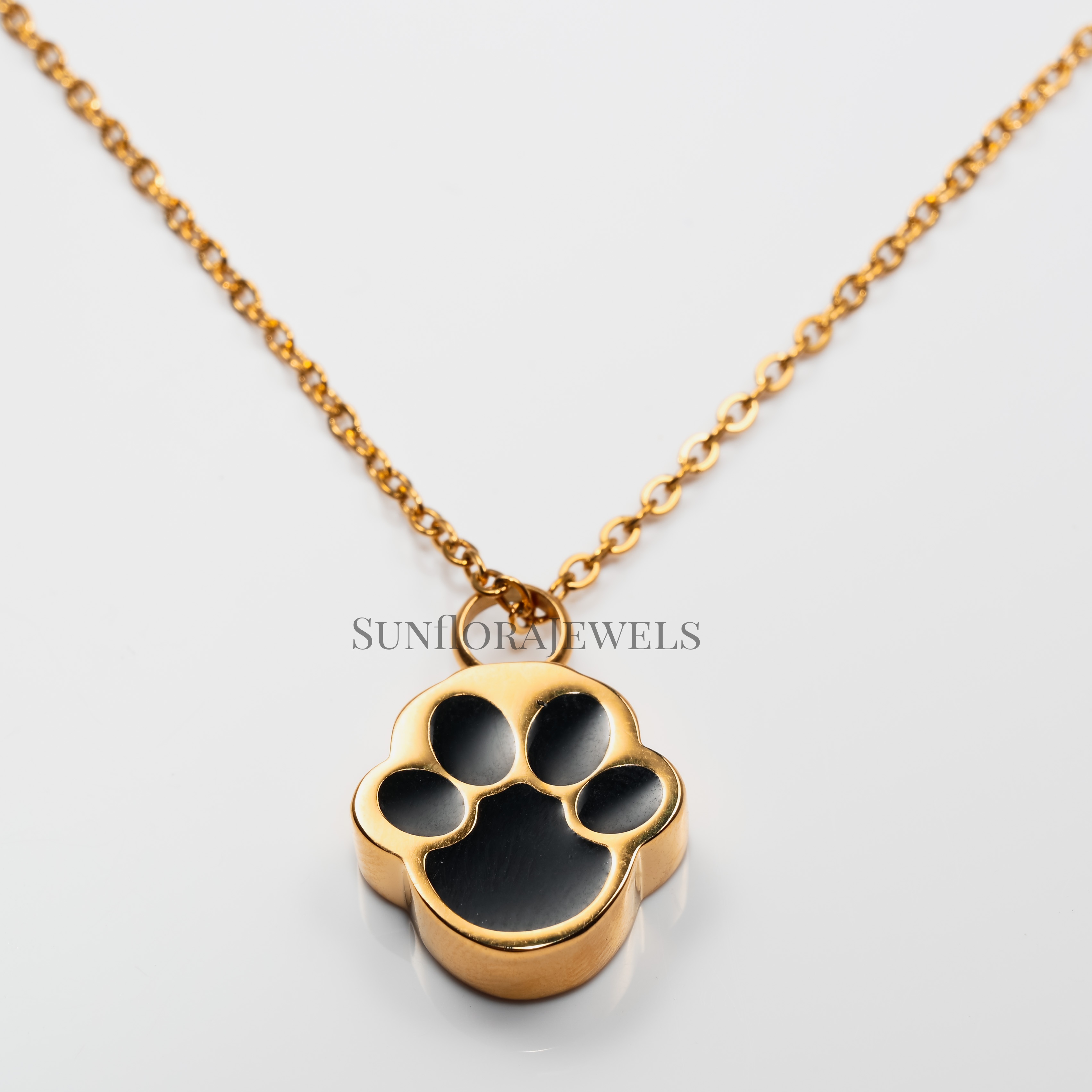 Gold Pet Paw Necklace with Black Enamel Detailing