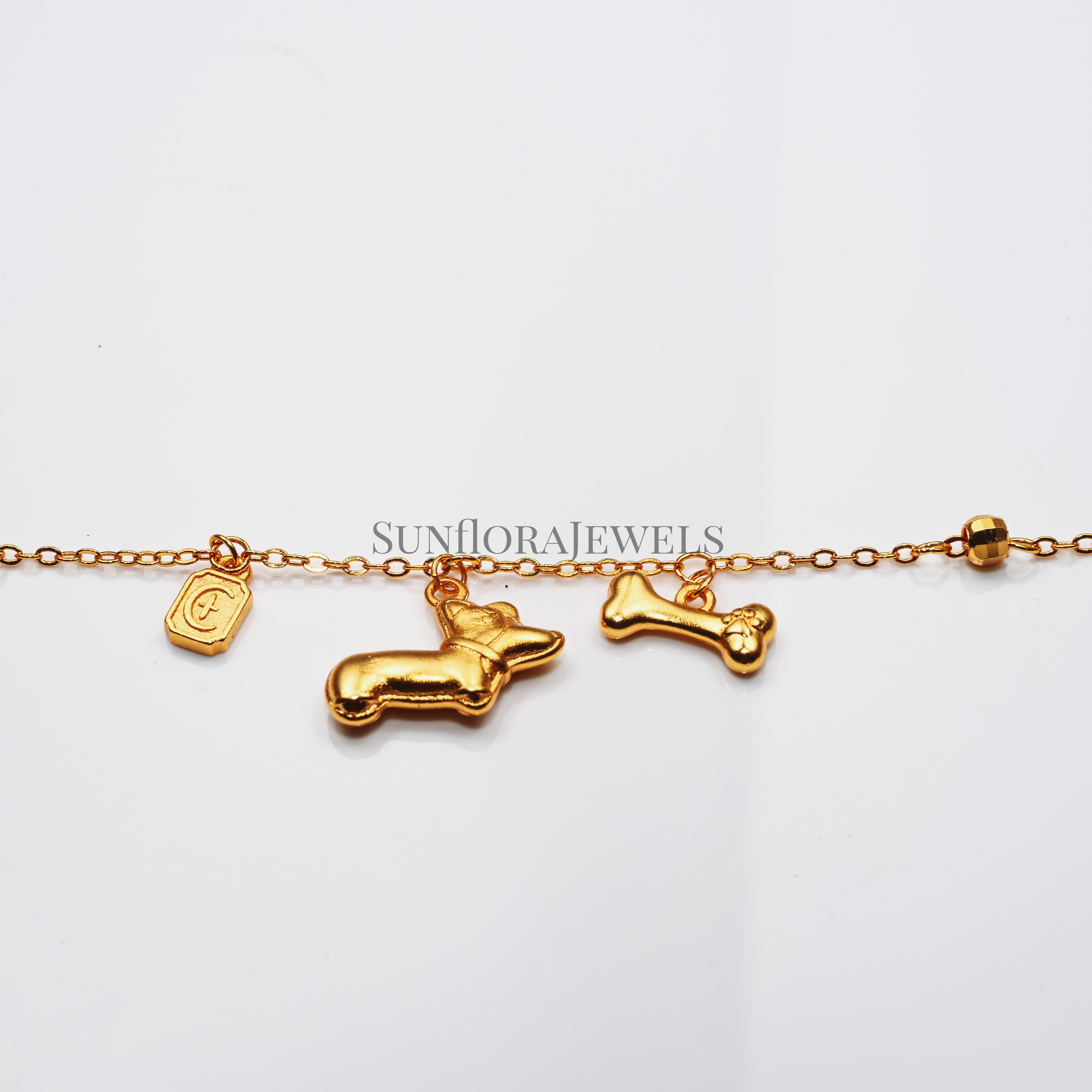 Cute Puppy and Bone Charm Gold Bracelet