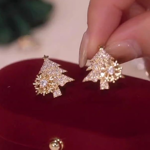 Gold-Tone Crystal Christmas Tree Earrings for Holiday