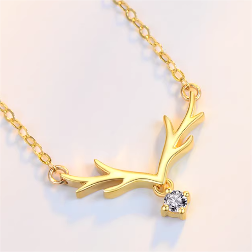 Dainty Gold Deer Antler Necklace with Sparkling Stone