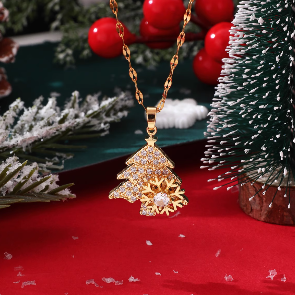 Gold Christmas Tree Pendant Necklace with Snowflake Detail