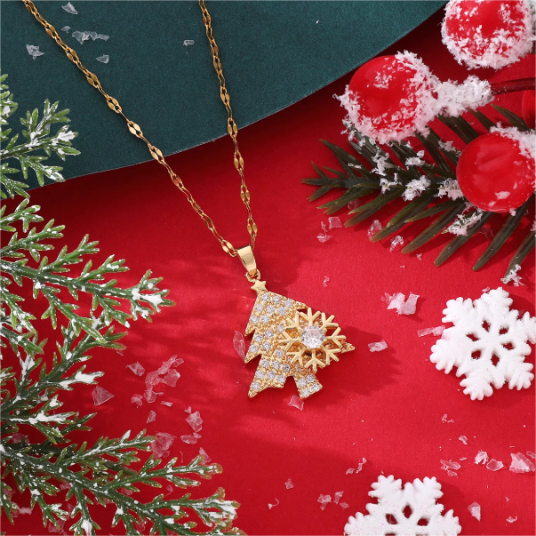 Sparkling Crystal Christmas Tree Necklace in Gold