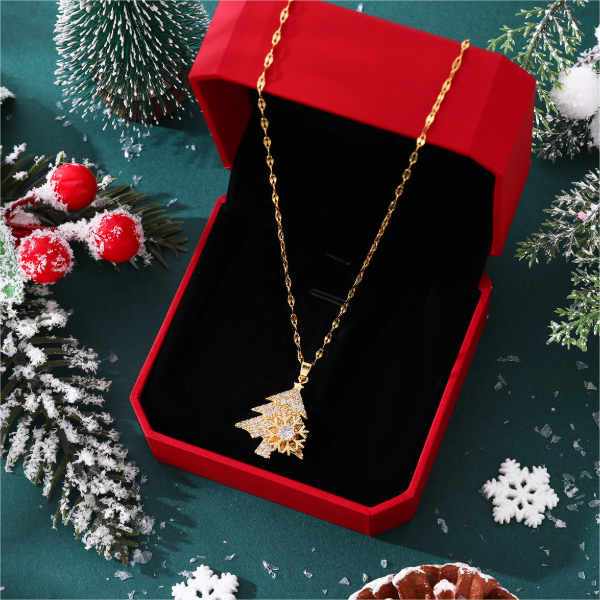 Festive Gold Christmas Tree & Snowflake Pendant Necklace