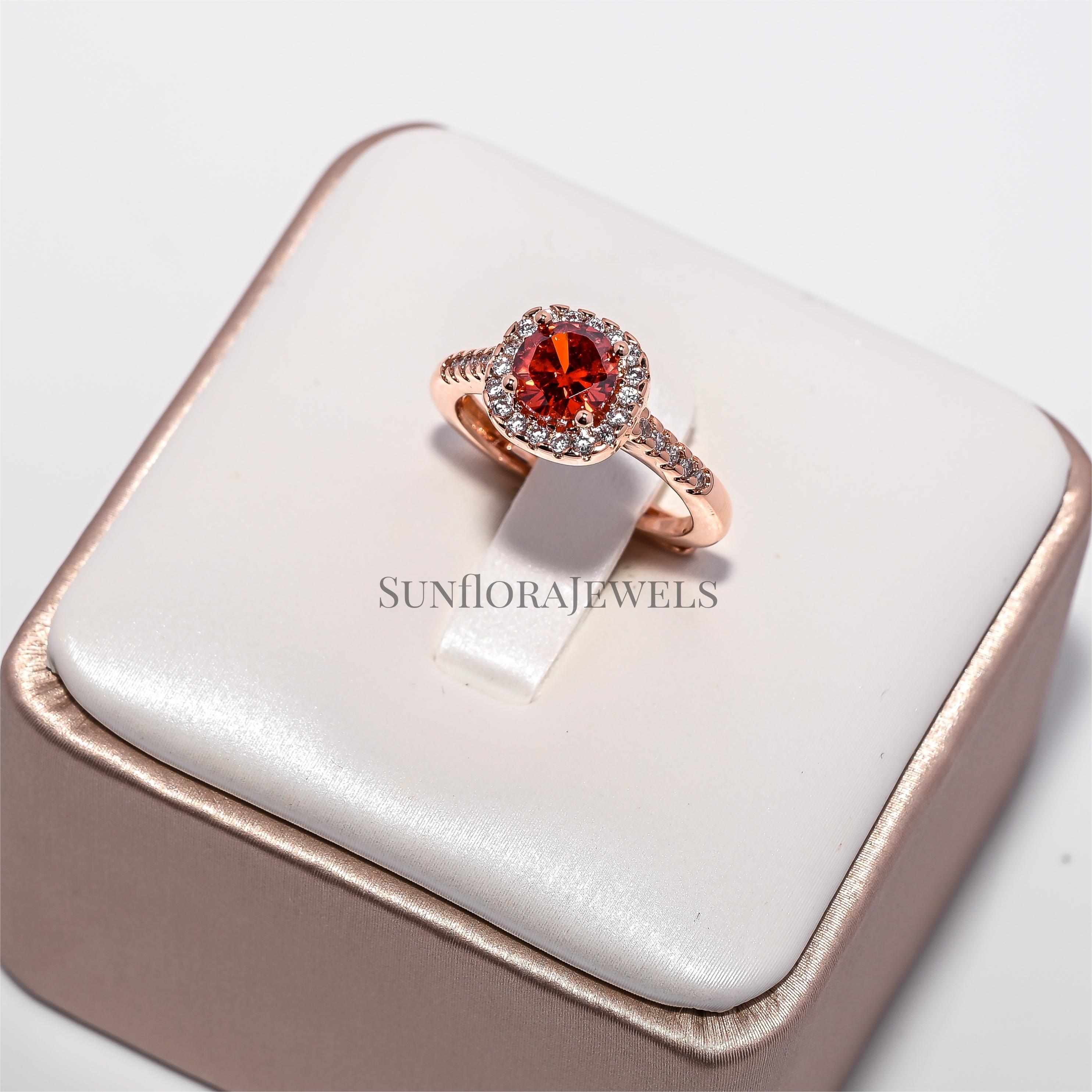 Statement Red Stone Ring in Rose Gold, Diamond-Encrusted for Women’s Fashion