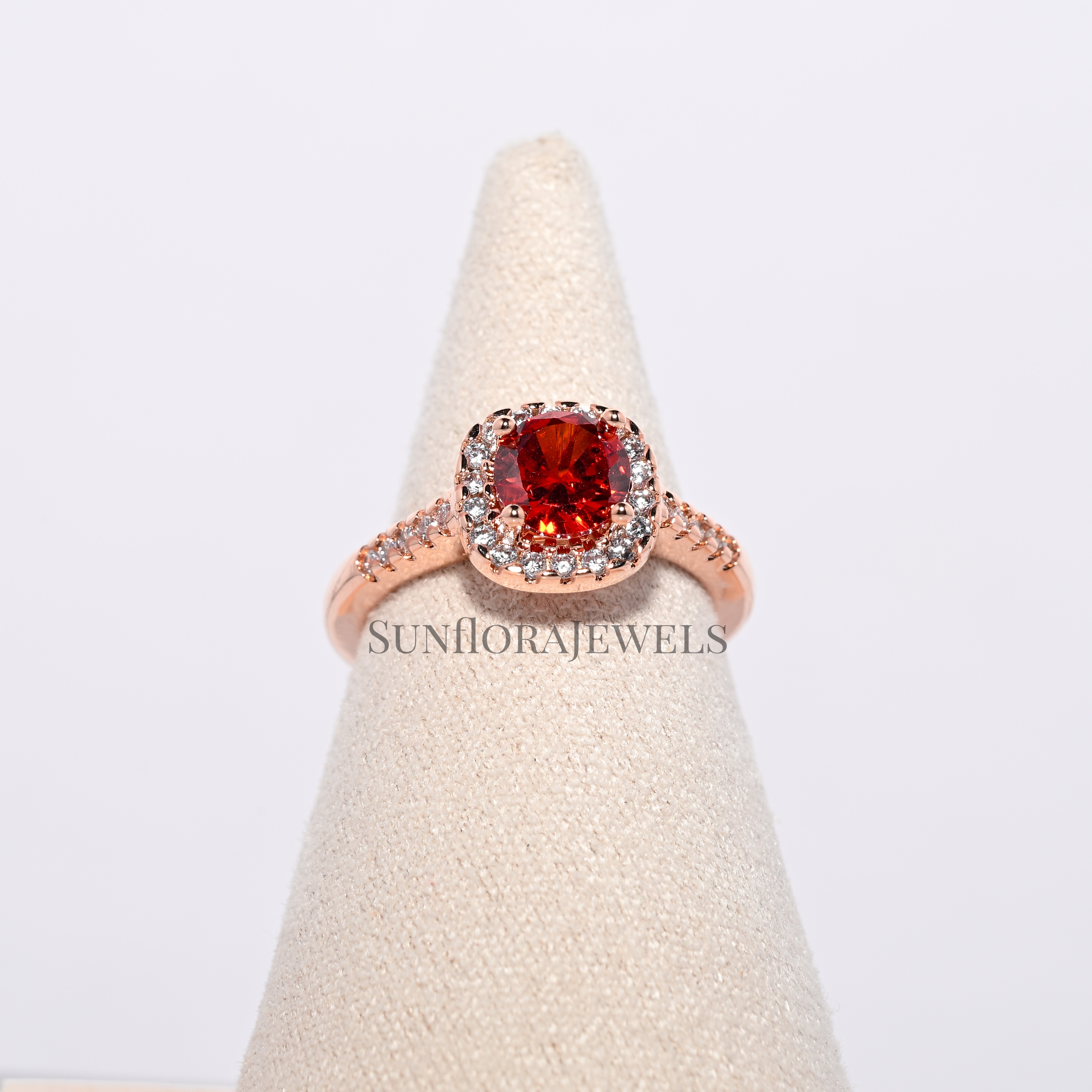 Garnet Red Gemstone Ring in Rose Gold, Sparkling Diamond Detailed Band