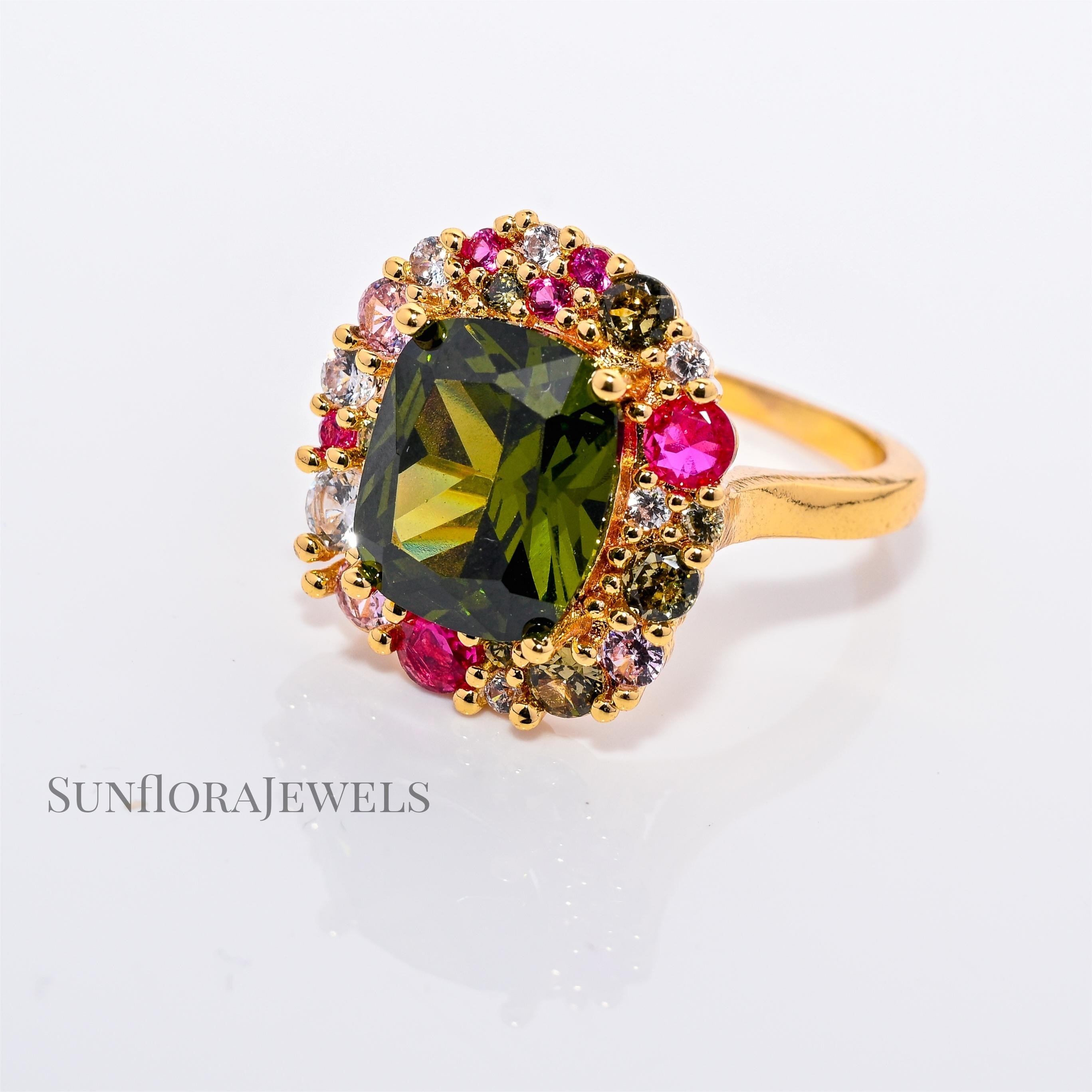Multi-Colored Gemstone Cocktail Ring in Gold Plating with Green Central Stone