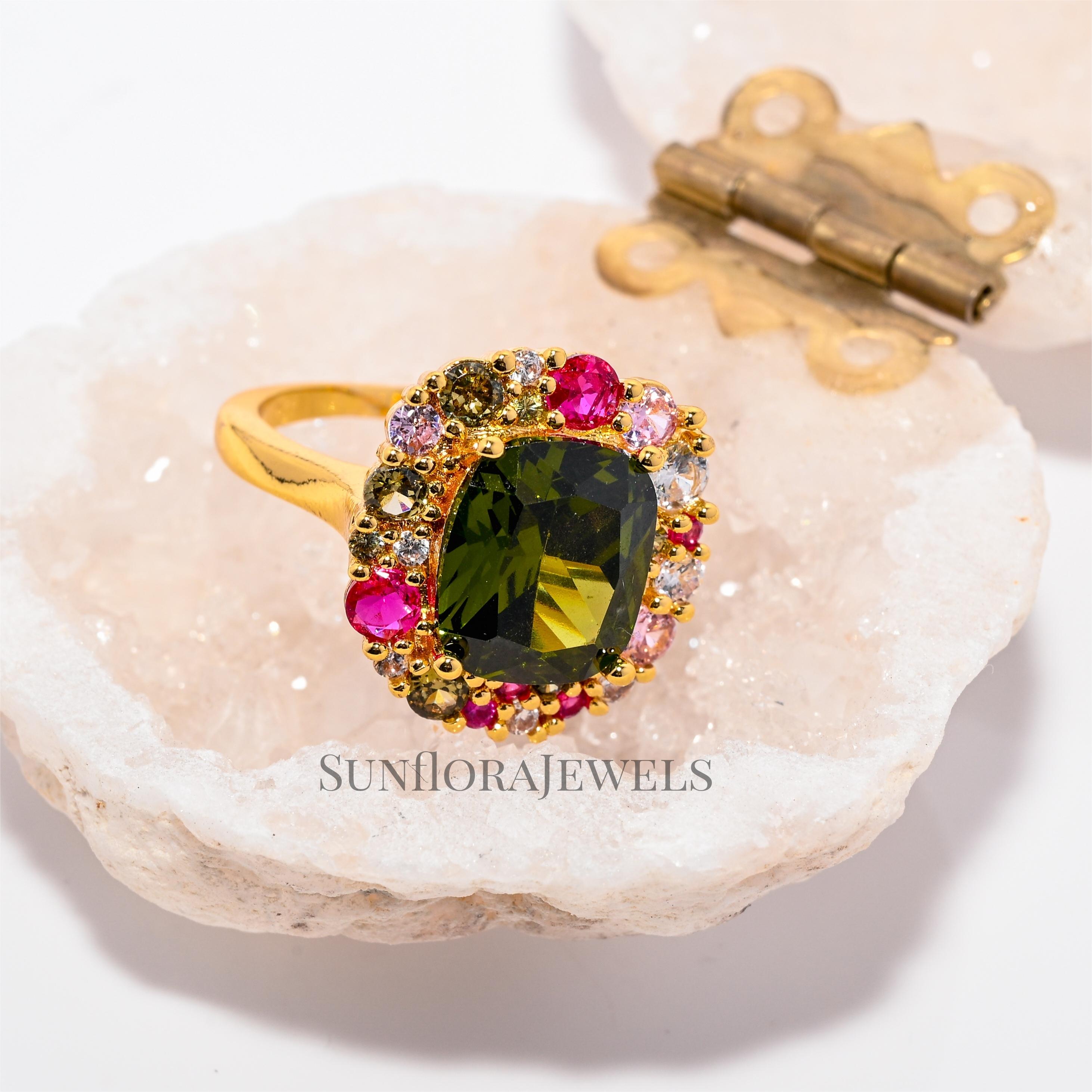 Statement Gold Ring with Green, Pink, Red and Clear Gemstones for Women