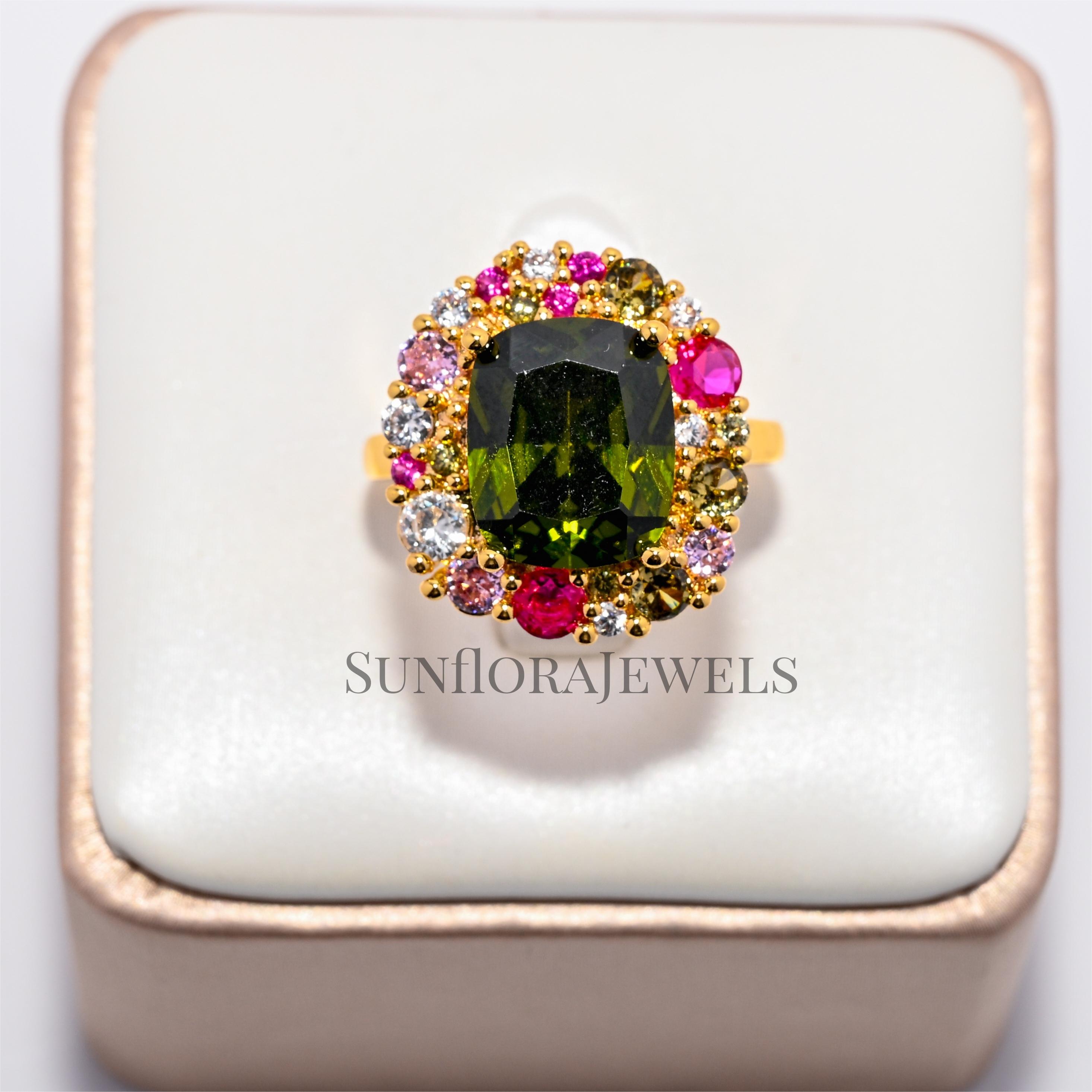 Vintage Style Multi - Gemstone Cluster Ring in Gold Tone