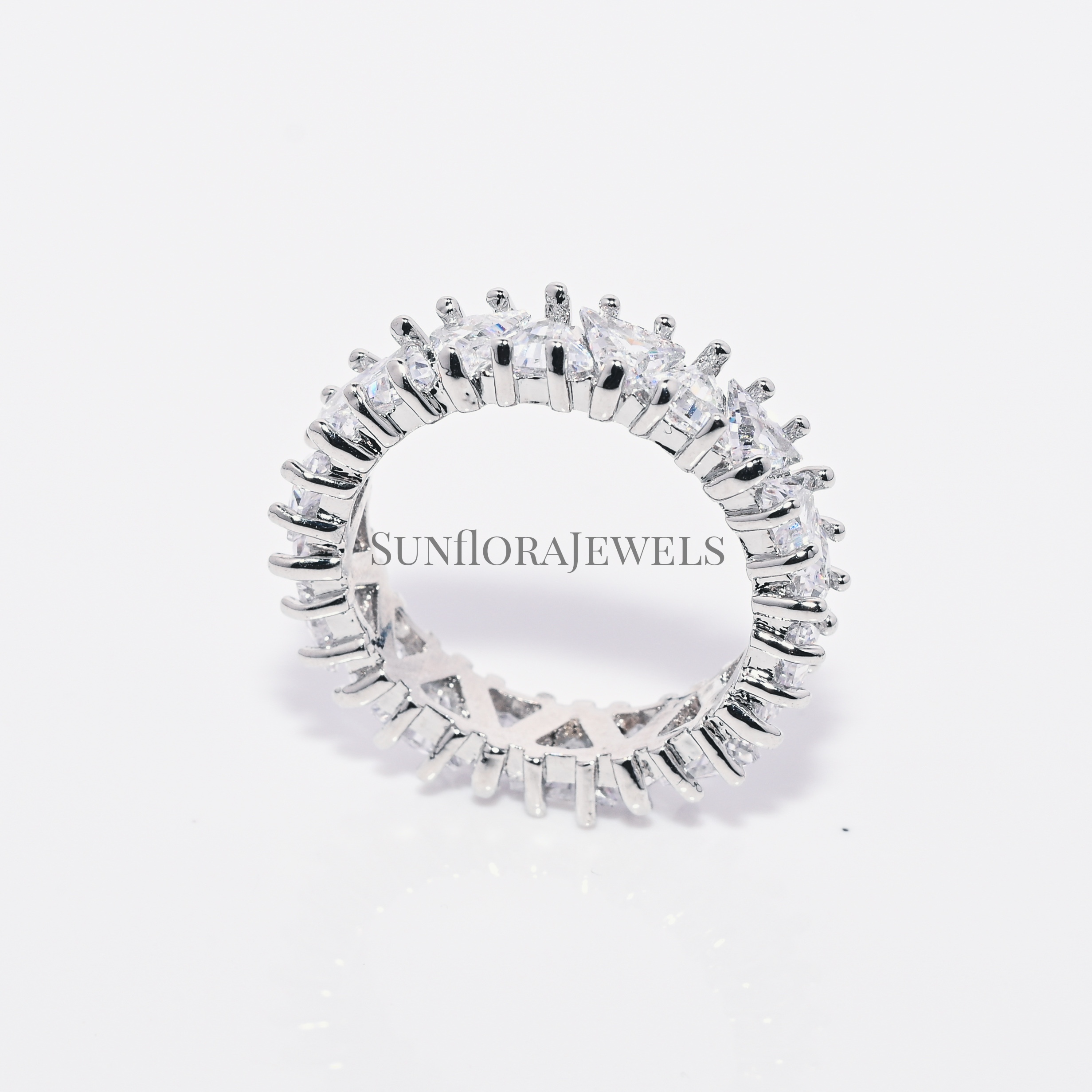 Sparkling Full Eternity Ring with Round & Baguette Cubic Zirconia, Silver Tone Statement Jewelry